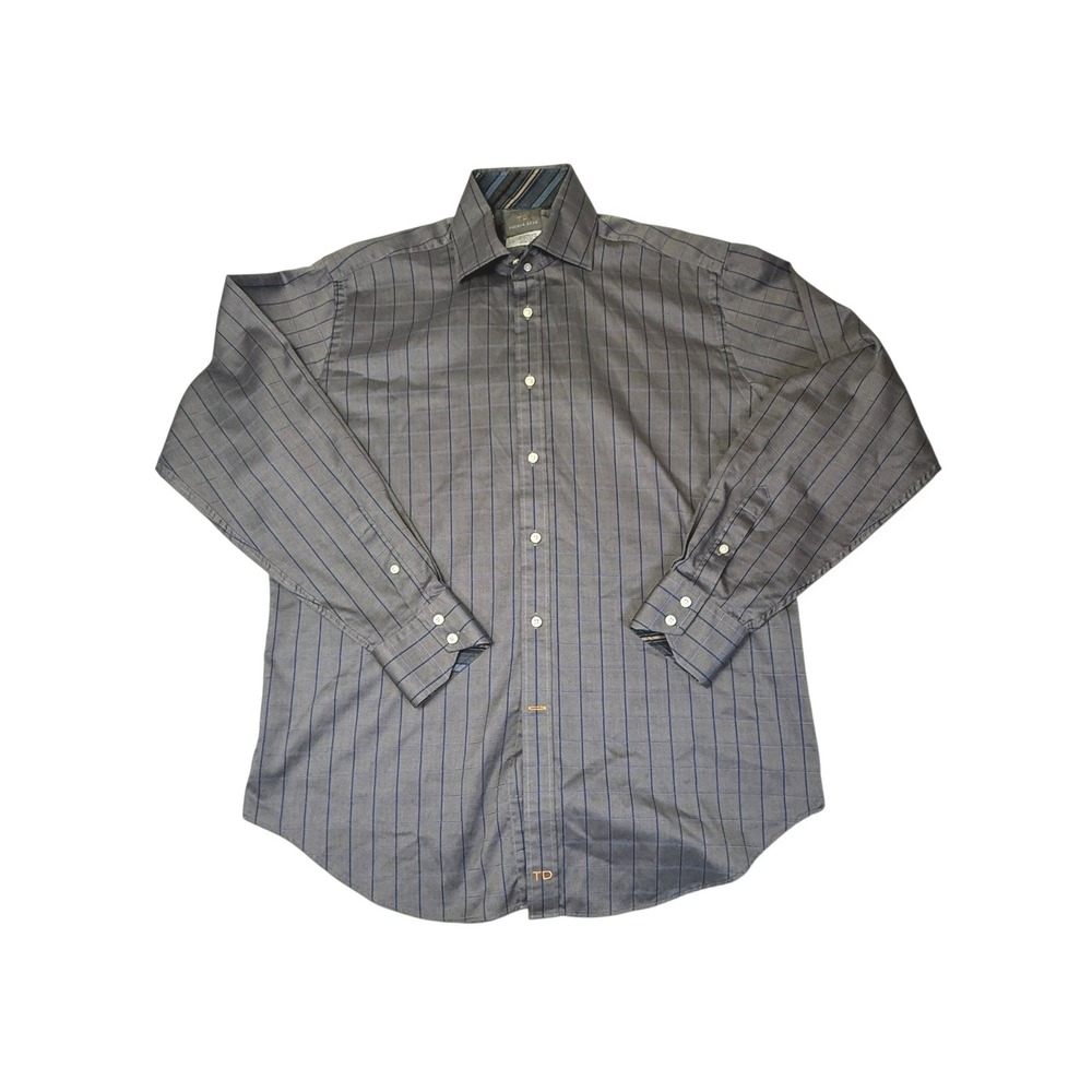 Thomas Dean Mens Long Sleeve Button Up Shirt TD Logo Size L G Gray Blue Check